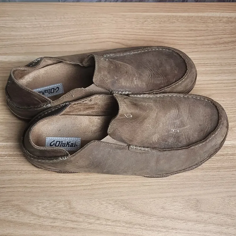 OluKai Moloa Leather Slip On Loafers Ray Toffee Mens Size 13 Casual Shoes 10128